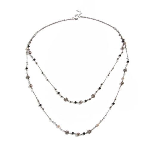 Collier de perles bohème double rangée en cristal brillant et pendentif fleur