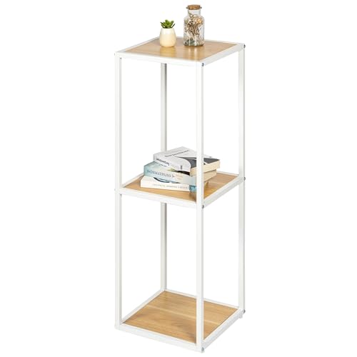 eluno Standregal aus Metall mit 3 Holzablageflächen, höhenverstellbare Füße, Bücherregal, Badezimmerregal, Lagerregal, vielseitig einsetzbar, viel Platz für Bücher, Pflanzen und Deko (Weiß)