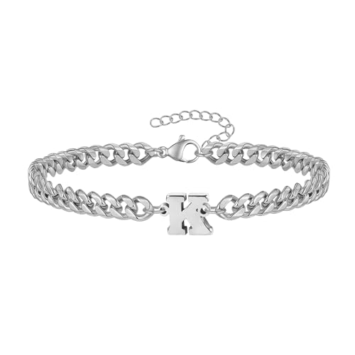 RMMD Bracciale da uomo in argento, con lettere, regalo per uomini, in argento, bracciale da uomo e ragazzo, in acciaio inox, regalo di compleanno per papà, figlio, amico, fratello, adolescente, K, 23