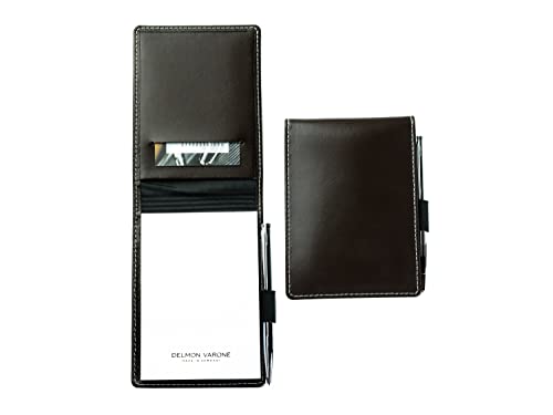 DELMON VARONE - Personalisierbares Notizblock Etui DIN A7 Cambridge Top Grain Leder braun - Reporterblock Lederetui 1 x Mini-Kugelschreiber & 2 x Blanko Block (unliniert) Notiz-Block Stiftschlaufe