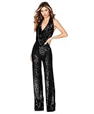 Aelidiya Sequin Jumpsuits Halter Cowl Neck Backless Romper Shiny Overalls Pants