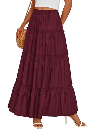 PRETTYGARDEN Boho Maxi Skirts for Women Trendy Summer 2026 Spring Long Flowy A Line Tiered Skirt Beach Vacation Clothes Dress (Burgundy,Large)