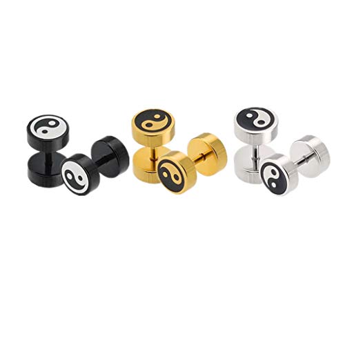 Lot de 3 boucles d'oreilles à vis faux tricheur 8 mm Vintage Yin Yang Or Argent Noir Acier inoxydable Jauges percées Illusion Tunnel Bouchons d'oreilles pour hommes femmes Boucles d'oreilles, 3 paires Cover