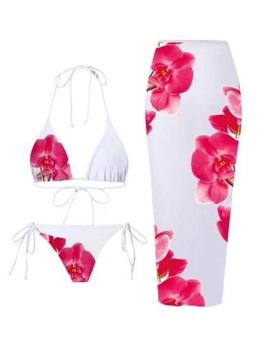 ZAFUL Womens 3pcs Swimsuit Floral Halter Triangle Bikini Top Tie Side Bottom with Long Sheer Cover Up Skirt 0-Orchid S