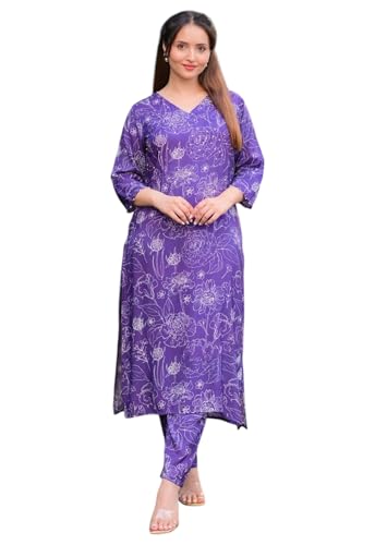 Ensemble kurta et pantalon pour femme imprimé floral violet tenue viscose