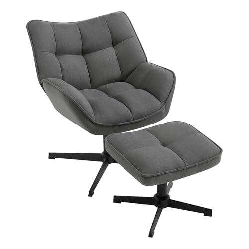 WOLTU Sillón Relax Giratoria con Reposapiés, Silla Relax Ergonómica, Sillon Dormitorio Moderna con Respaldo Acolchado y Asiento de Lino, Silla Lectura con Estructura de Madera, Gris Oscuro, SKS56dgr