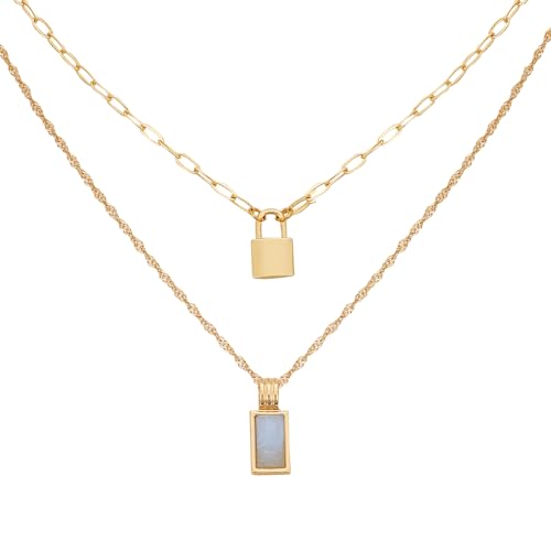 Lucky Brand Two Layered Gold Plated Necklace for women with Agate Blue Stone