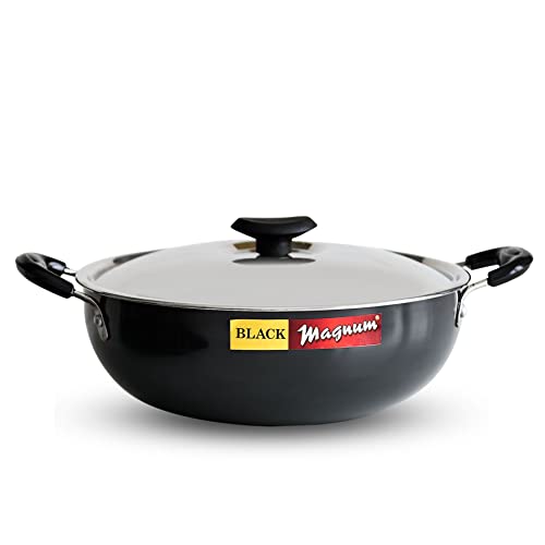 Black Magnum Pro IBKHWL-2, 3 Litre Deep Fry Pan, Hard Anodised Deep Kadai with Lid, Flat Bottom Kadhai, Black
