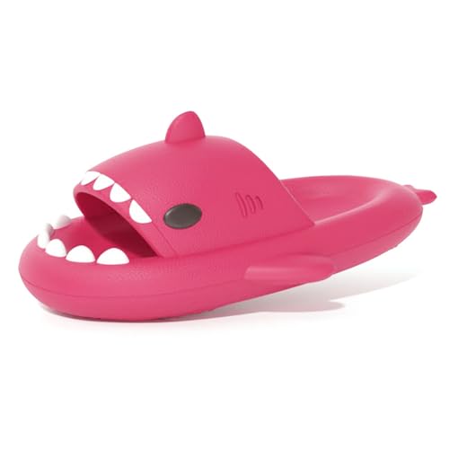 Image of welltree Shark Slides for Women and Men Novelty Pillow Slippers Open Toe Shark Sandals Cushioned Cloud Slides,Rosy Red,9-10 Women/7.5-8.5 Men