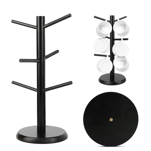 KILDOWS Albero Porta Tazze，Portabicchieri in Bambù，Porta Tazze con Struttura ad Albero，Porta Tazzine da Caffè，Verticale Portabicchieri Caffe Appoggio con 6 Ganci，per Appendere Gioielli，Tazze，Chiavi