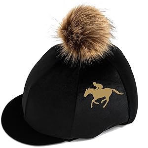 Luvponies Horse and Rider Silhouette Personalised Riding Hat Cover, Black/Frost Brown Pom and Gold Print