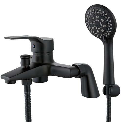 Eovem Bath Tap with Shower Attachment Brass Single Lever Bathroom Bath Shower Mixer Tap Square Black Tub Bathtub Tap 180mm