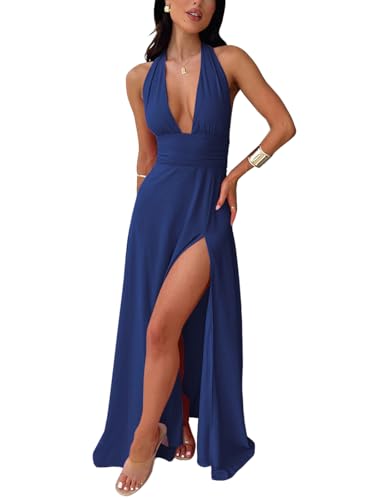 Image of Ekaliy Womens Sexy Halter Deep V Neck Maxi Dress Sleeveless Backless Split Long Dress