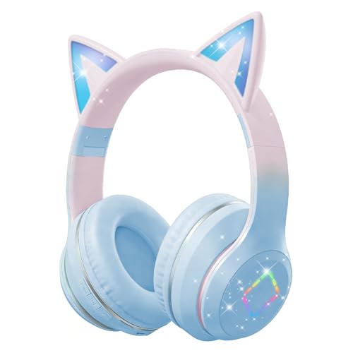 Caijin Casques Bluetooth Enfants, Oreilles de Chat LED, Bluetooth 5.3 Stéréo, Bandeau Réglable, Limite de Volume 85dB, Pliables, Modes Carte TF/Fil/Bluetooth, Compatibles PC, Téléphone, iPad