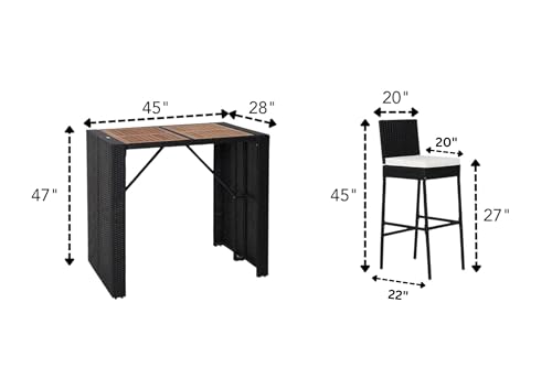 Image of DEVOKO 5 PCS Rattan Patio Bar Dining Set 4 Stackable Cushioned Chairs Wooden Tabletop for Poolside, Terrace, Garden (Black and Off-White)
