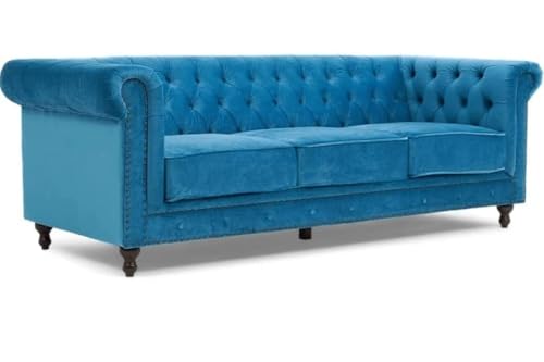 Image of Modern and Stylish 3 Seater Chesterfield Luxury Sofa with Valvet and Fabric Comfortable Sofa for Living Room, Dining Room, Hallway, and Office-(Ocean Blue).