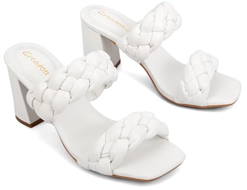 Greatonu Women's Braided Heeled Sandals Square Open Toe Summer Heels Slip On Dressy Sandals with Chunky Heel 3.35 Inch4