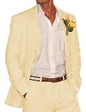 HUUTOE Yellow Linen Suit for Men 2024 Summer Suits for Men 2 Piece Set Linen Mens Casual Linen Blazer Size 38