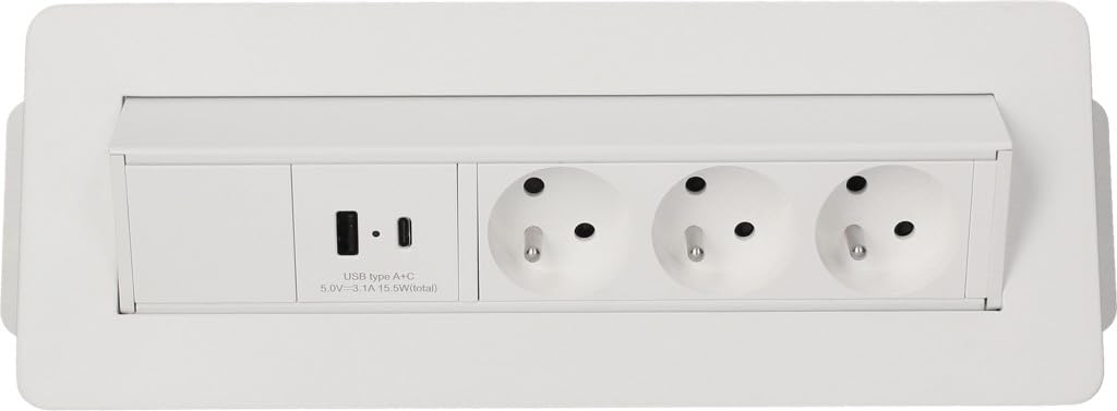 Bloc prises pivotant 3 prises 2P+T +2 USB Blanc - Interrupteur et prise