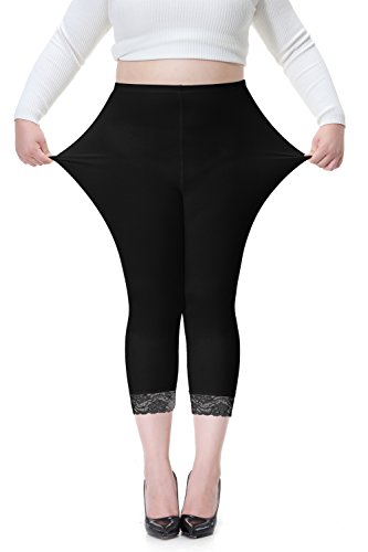 DESTTY Women s Plus Size Workout Capri Leggings Stretchy Yoga Tights Solid with Lace Trim Black 3XL