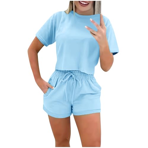 Two Piece Set for Women 2024 Summer Lounge Tracksuit Outfits Shorts and Short Sleeve Tops Solid Color Casual Clothes2