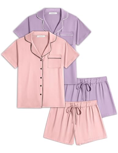 Image of Ekouaer Womens Pajamas Set 2 Pack Button Down Summer Sleepwear Short Sleeve Comfy Pjs Loungewear Set