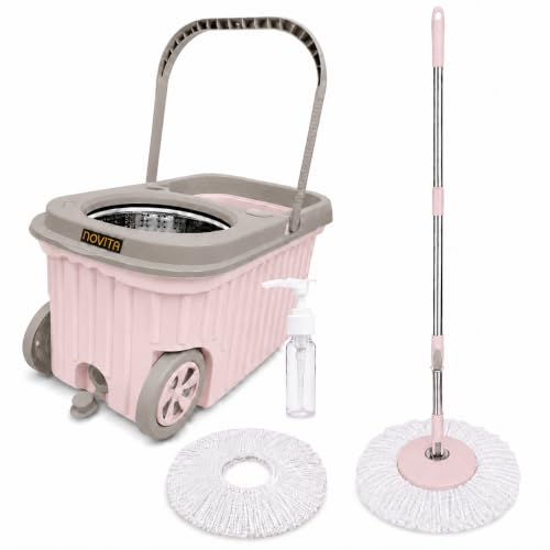 Image of Novita Premium 360 Spin Mop Bucket Set | Steel Jali with Heavy Smart System | Easy Rinse | Telescopic Microfiber Mop & Soap Dispenser |1+1 Refill | Pocha | Big Wheels | Removes Over 99%* Bacteria