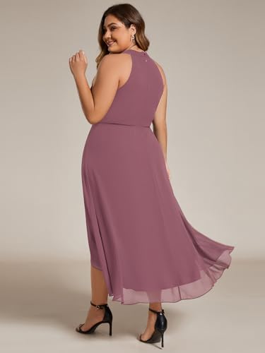 Image of Ever-Pretty Plus Women's Sleeveless Halter A Line Pleated High Low Plus Size Wedding Guest Cocktail Dresses 31926-DA