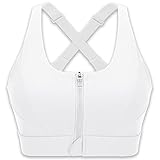 Cordaw Zip Front Sports Bra Adjustable Straps High Support Medium Impact Zipper Front Hook Running Bra Crisscross Padded-White-S