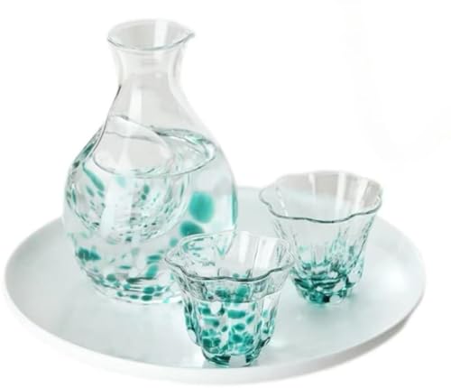 HongzyFirm和風カラードットワンポットツーカップ酒器セット結婚式誕生日ギフトワインセットクリスタルガラスホーム (グリーン)