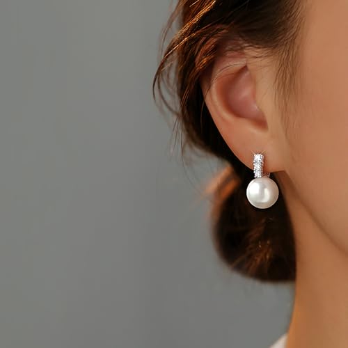 Pearl Earrings for Women Dainty 925 Sterling Silver Dangle Drop Earring with 5A Cubic Zirconia Pearl Drop Earrings Big Pearls Bridal Hoop Beach Jewelry for Wedding Birthday Christmas Gifts2