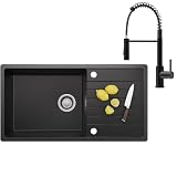 CECIPA 86x45 cm Lavello Nero con Arco Rubinetto Molla, Lavandino Cucina 1 Vasca con Gocciolatoio per Mobile da 60cm, Lavello granito con Sifone e Troppopieno