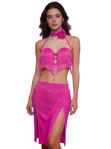 Costume danse du ventre rose vif à franges et strass pour sublimer vos mouvements