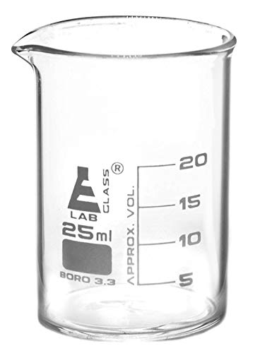 EISCO Beaker, 25ml - Griffin Style, Low Form with Spout - White, 5ml Graduations - Borosilicate 3.3 Glass