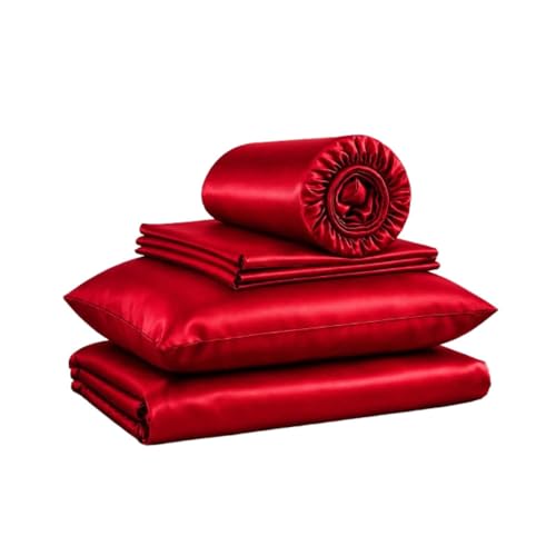 Juego de sábanas de satén de seda pura, 5 piezas, tamaño de cama de 500 hilos, se adapta a colchones de hasta 10-12 pulgadas de profundidad, color rojo sólido