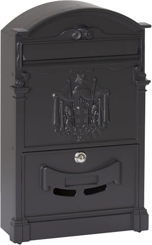Cassetta Postale Classica in Alluminio, 41x25,50x9,50 cm, Montaggio a Parete, Stile Regio con Stemma, Stile classico, Vari colori (NERO)