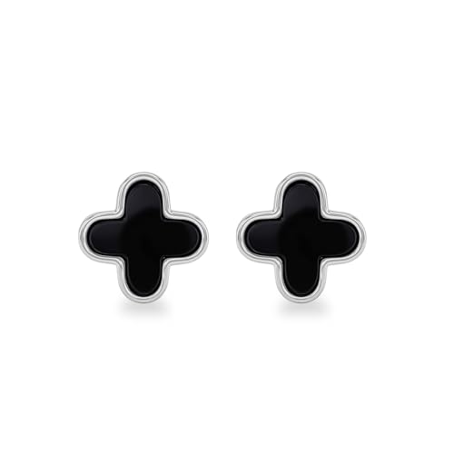 Boucles d'oreilles trèfle agate noire en argent sterling 925
