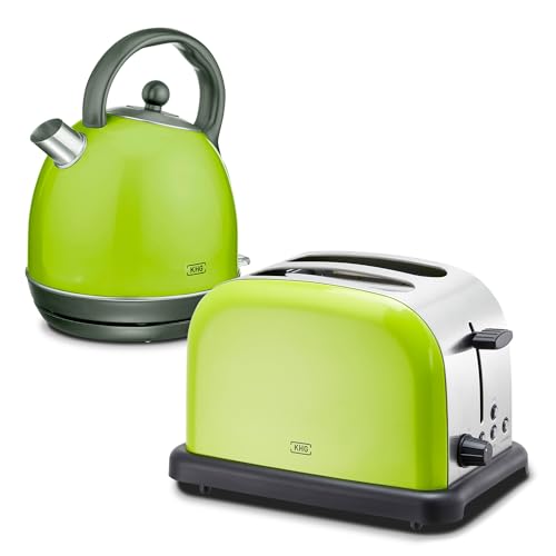 KHG Retro Frühstücksset | Toaster 2 Scheiben mit Brötchenaufsatz, 7 Bräunungsstufen 850W | Wasserkocher 1,7 Liter mit Abschaltautomatik 2200W | 2-teilig Lime Grün