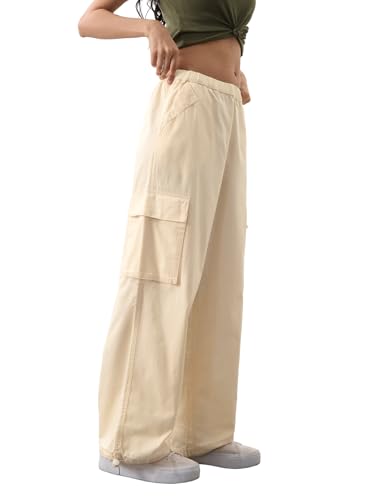 Pantalon de parachute femme beige coton solide coupe large cargo vêtement fille décontracté à enfiler