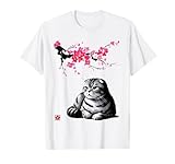 日本の墨絵スコティッシュフォールド猫 桜 Tシャツ