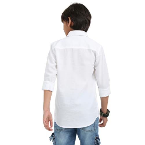 Image of ROCKET SCIENCE Boys Single Pocket Shirt | Regular Fit, Spread Collar, Full Sleeves, 100% Cotton Linen Fabric White