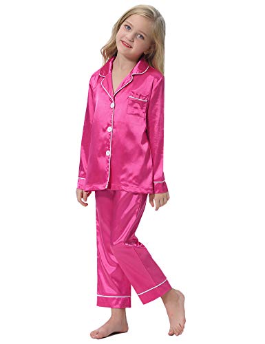 Hawiton Kids Satin Pajamas Set Toddler Girl PJS Long Sleeve Button Satin Loungewear Sleepwear Set with Pocket Rose Red