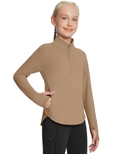 Catálogo de Ropa de Acampada y marcha para Niña los mejores 10. 37 Baleaf - Camisas de manga larga de forro polar para niñas, chamarra de otoño con media cierre, sudadera térmica para montar a caballo para acampar, B- marrón, X-Small
