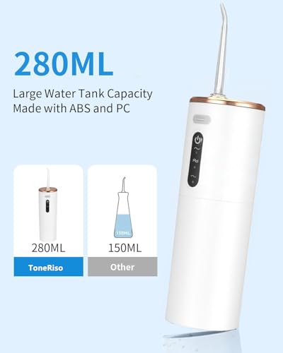 Elektrische Wasserseide, tragbarer Zahnreiniger, kabelloser Wasserflosser für die Zahnreinigung, 280 ml Wassertank, Zahnseide mit 5 Düsen, 3 Modi, geeignet für Zuhause und Reisen, Weiß – Bild 7