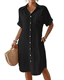 Bsubseach Womens Swimsuit Cover Up Long Button Down Bathing Suit Cover Ups Short Sleeve Summer Beach Shirt Dresses for Women with Pockets Black XXL