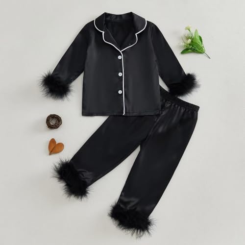 Teen Girls Silk 𝐏ajama Set Feather Trim Long Sleeve Button Down Shirts Pants 2Pcs 𝐏js Satin Loung𝐞wear Kid Sl𝐞epwear2