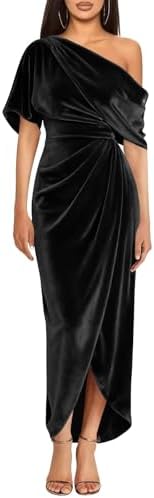 One Shoulder Velvet Formal Dress for Women Wrap Wedding Guest Dre...
