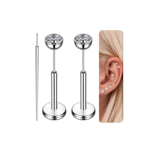 Gotumo 18G Flat Back Earrings Stud Titanium Threadless Nose Rings Tragus Labret Cartilage Lip Medusa Conch Body Piercing Jewelry Hypoallergenic for Women Men Silver(Bright 73)