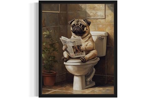Image of Pug on Toilet Black Framed Wall Art Print Poster, Dog Bathroom Humor Decor Posters Prints for Restroom Home Picture Painting Artwork Gallery 7 (Pug, 10 inchL x 8 inchW, Black Frame)