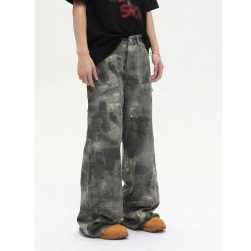 Men's Retro Camo Print Denim Baggy Pants Old Splicing Streetwear Wide Leg Cargo Jeans3